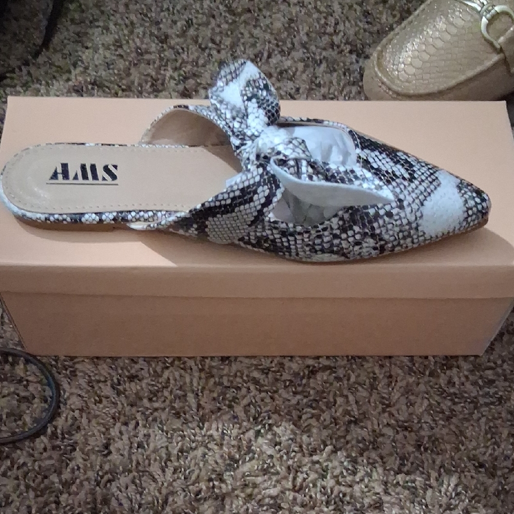 Black and White Snakeskin Mules with Pointed Toe